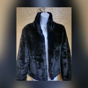 KRISTEN BLAKE VINTAGE FAUX FUR JACKET SMALL BLACK ZIPPER FRONT CLOSURE